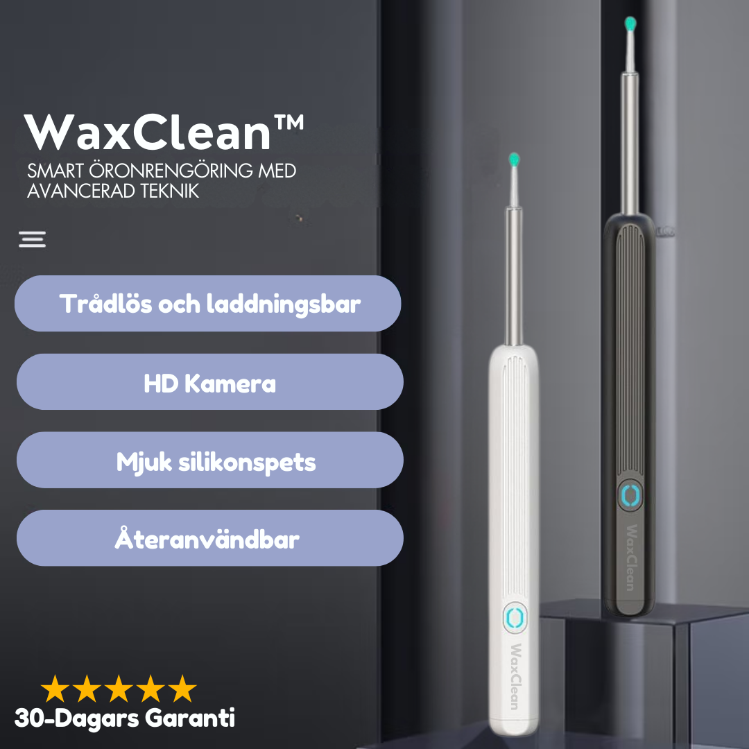 WaxClean öronvaxrengörare – närbild på modern öronrengöring med kamera och LED-ljus